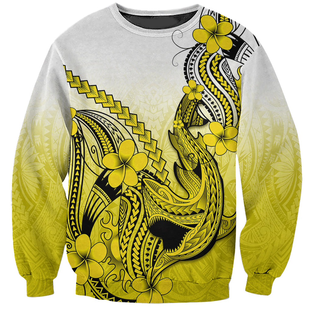 Unisex light gray sweatshirt with yellow shark tattoo and plumeria flower print