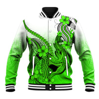 Green/white baseball jacket, zip front, shark tattoo with plumeria print