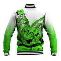 Green/white baseball jacket back, full shark tattoo with plumeria and black tribal details