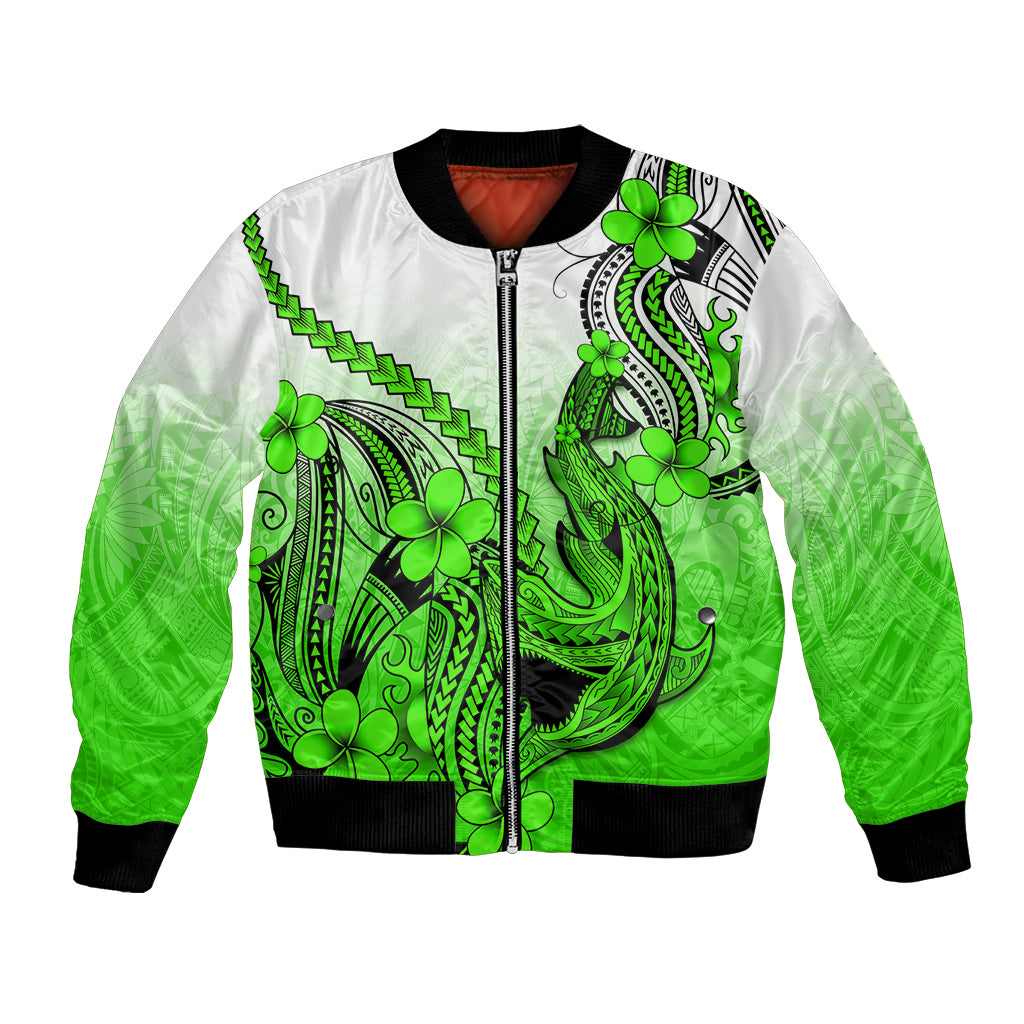 Green gradient bomber jacket, front zip with Polynesian shark and plumeria, black ribbing