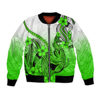 Green gradient bomber jacket, front zip with Polynesian shark and plumeria, black ribbing