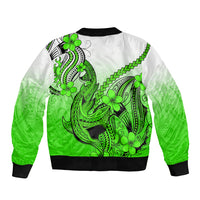 Green gradient bomber jacket with Polynesian shark tattoo and plumeria, black ribbing