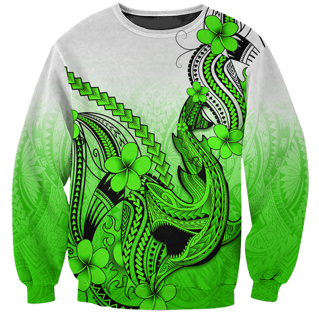 Unisex green gradient sweatshirt with Polynesian shark tattoo and plumeria flowers