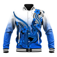 Blue-and-white baseball jacket with shark tattoo and blue flower appliques, striped trim