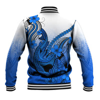 Blue-and-white baseball jacket, back panel shows blue shark tattoo with flower motifs, striped hem