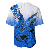 Blue gradient baseball jersey with large Polynesian shark and plumeria flower on back