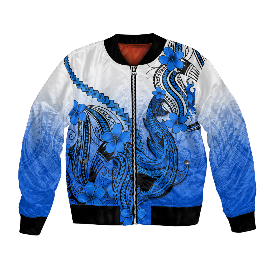 Unisex blue bomber jacket with Polynesian shark tattoo and plumeria flowers, front zip
