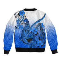 Unisex blue bomber jacket, back design with Polynesian shark tattoo and plumeria flowers