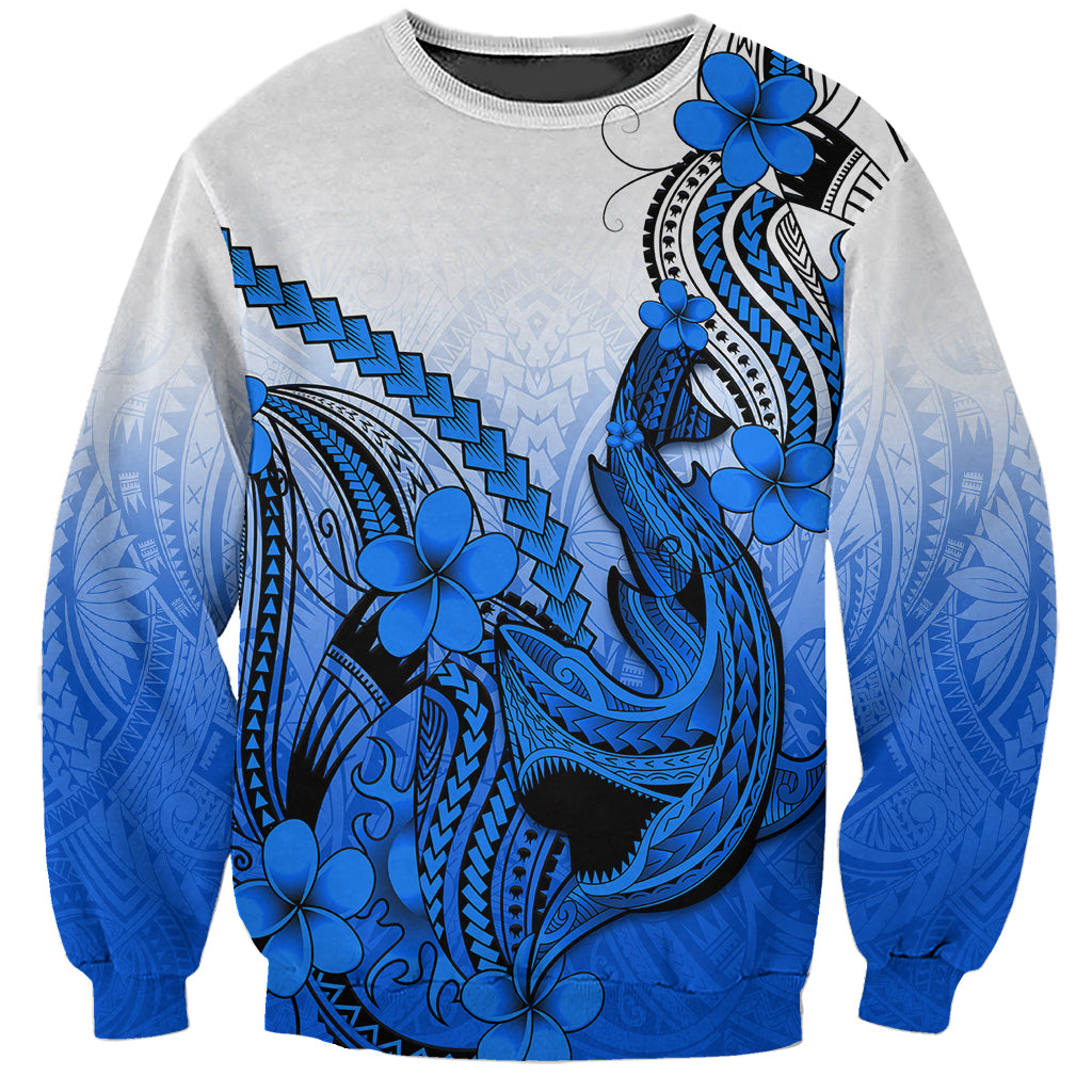 Unisex blue gradient sweatshirt with large Polynesian shark tattoo and plumeria flowers