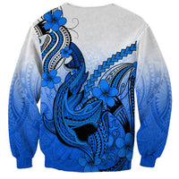 Unisex blue Polynesian shark tattoo sweatshirt with plumeria flowers on back