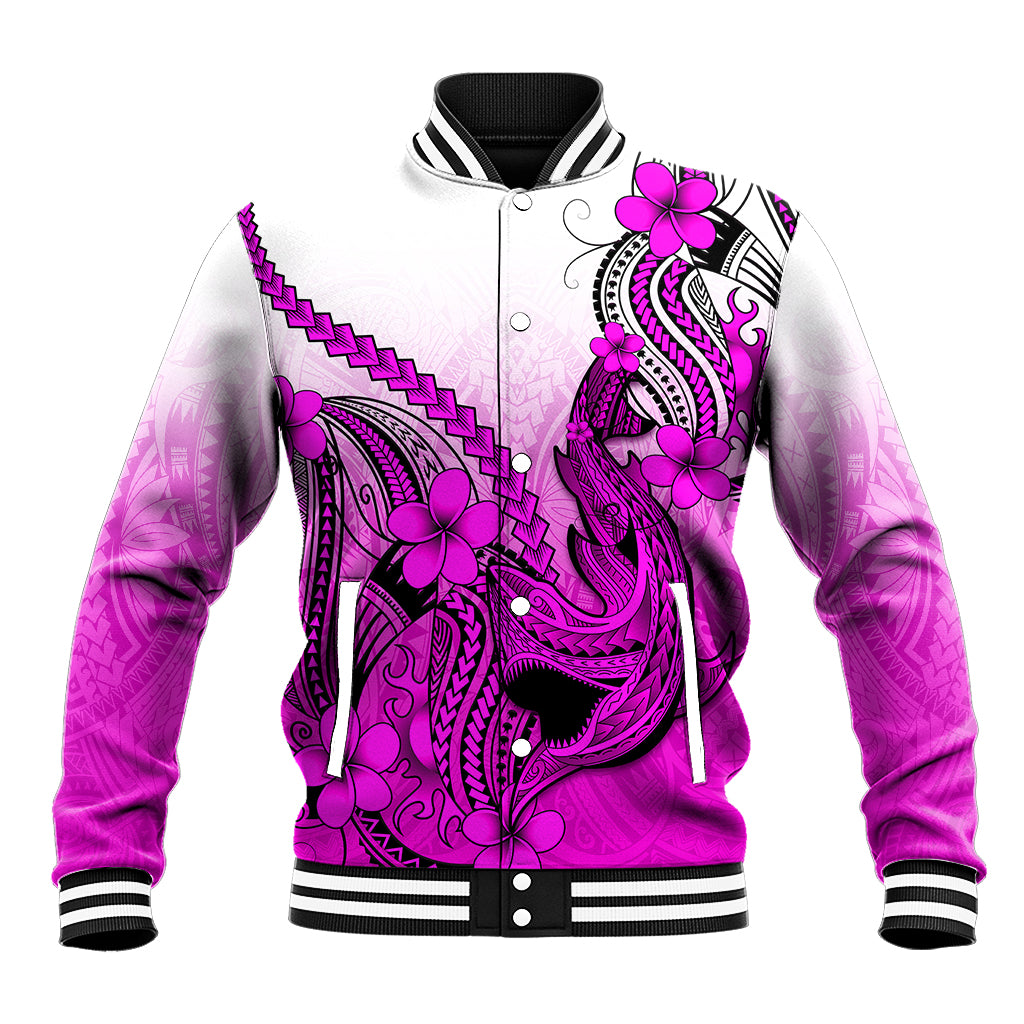 Pink/purple baseball jacket with shark tattoo, plumeria, striped collar and front view