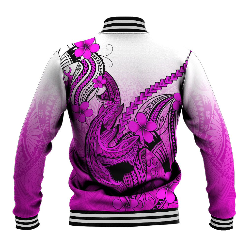 Pink/purple baseball jacket with shark tattoo and plumeria, back view