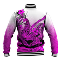 Pink/purple baseball jacket with shark tattoo and plumeria, back view