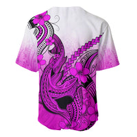 Pink-and-white baseball jersey with back shark tattoo and plumeria flowers, short sleeves