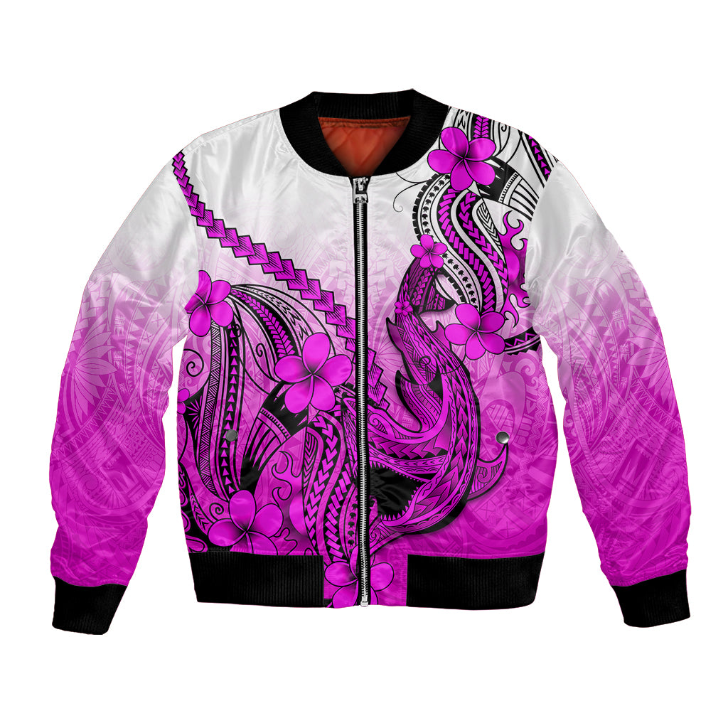 Pink and white bomber jacket with purple shark tattoo, plumeria flowers, black rib trim