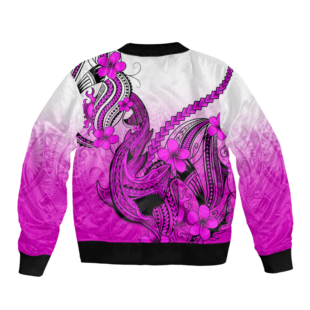 Pink and white bomber jacket back with purple shark tattoo and plumeria flowers, black rib trim