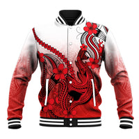 Red baseball jacket with white accents, Polynesian shark print, plumeria flowers, snap front