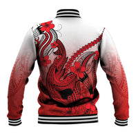 Back of red baseball jacket with Polynesian shark tattoo, plumeria flowers, ribbed striped collar