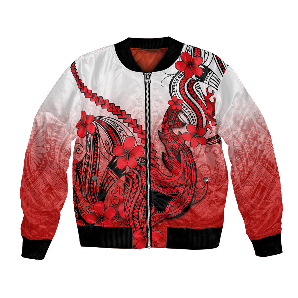 Red gradient bomber jacket with white base, black ribbed cuffs, full-zip, shark tattoo flowers