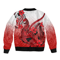 Red gradient bomber jacket with white base, black ribbed hem, shark tattoo with tropical flowers
