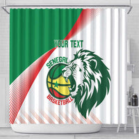 Basketball shower curtain featuring Senegal lion logo and green/white diagonal band, with hooks