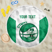 Round beach blanket, white with green Tigers logo, 'YOUR TEXT', fringed edge