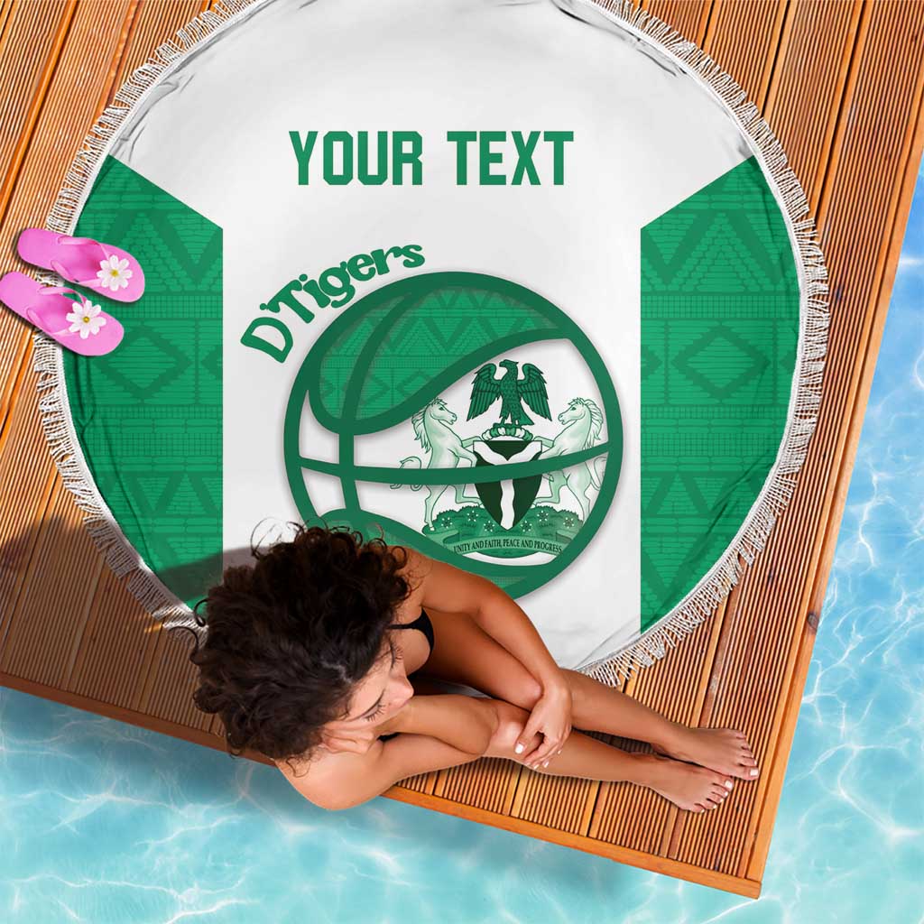 Round beach blanket, white with green Tigers logo and 'YOUR TEXT', fringed edge