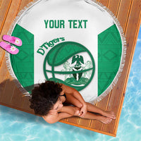 Round beach blanket, white with green Tigers logo and 'YOUR TEXT', fringed edge
