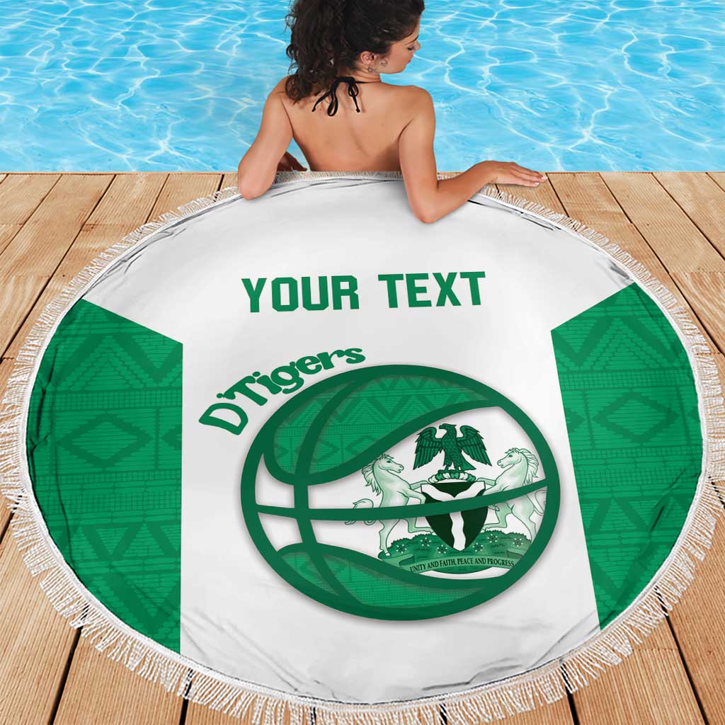 Round beach blanket on deck, white with green Tigers logo, 'YOUR TEXT', fringed border