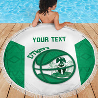 Round beach blanket on deck, white with green Tigers logo, 'YOUR TEXT', fringed border