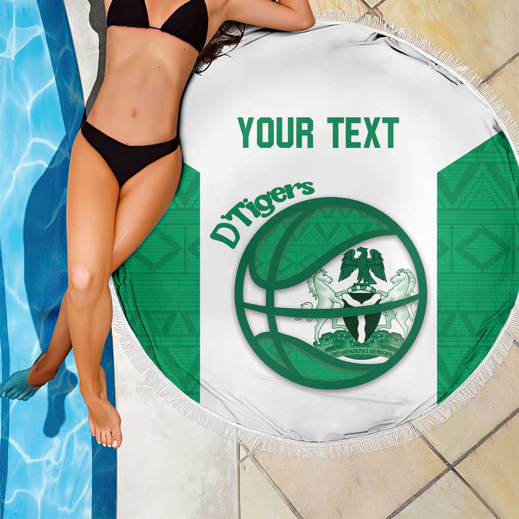 Round beach blanket at poolside, white with green Tigers logo, 'YOUR TEXT', fringed edge