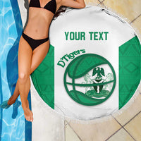 Round beach blanket at poolside, white with green Tigers logo, 'YOUR TEXT', fringed edge