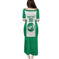 Green-and-white puletasi dress with off-shoulder trim, YOUR TEXT 00 back print