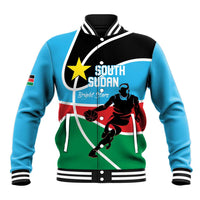 Blue South Sudan varsity baseball jacket with black collar, star basketball graphic and snap buttons
