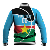 Blue baseball jacket back with YOUR TEXT, star basketball graphic, black striped rib hem