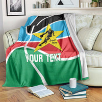 Custom basketball blanket on couch, black/blue/green/red with yellow star and 'Your Text'