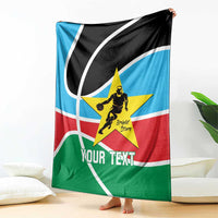 Custom basketball blanket hanging, black/blue/green/red with yellow star and 'Your Text'