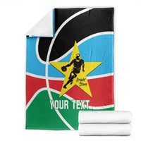 Custom basketball blanket folded stack, black/blue/green/red with yellow star and 'Your Text'