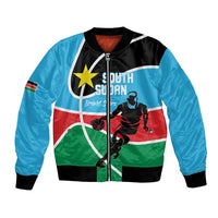 Blue and black bomber jacket with zipper, South Sudan flag print and star graphic