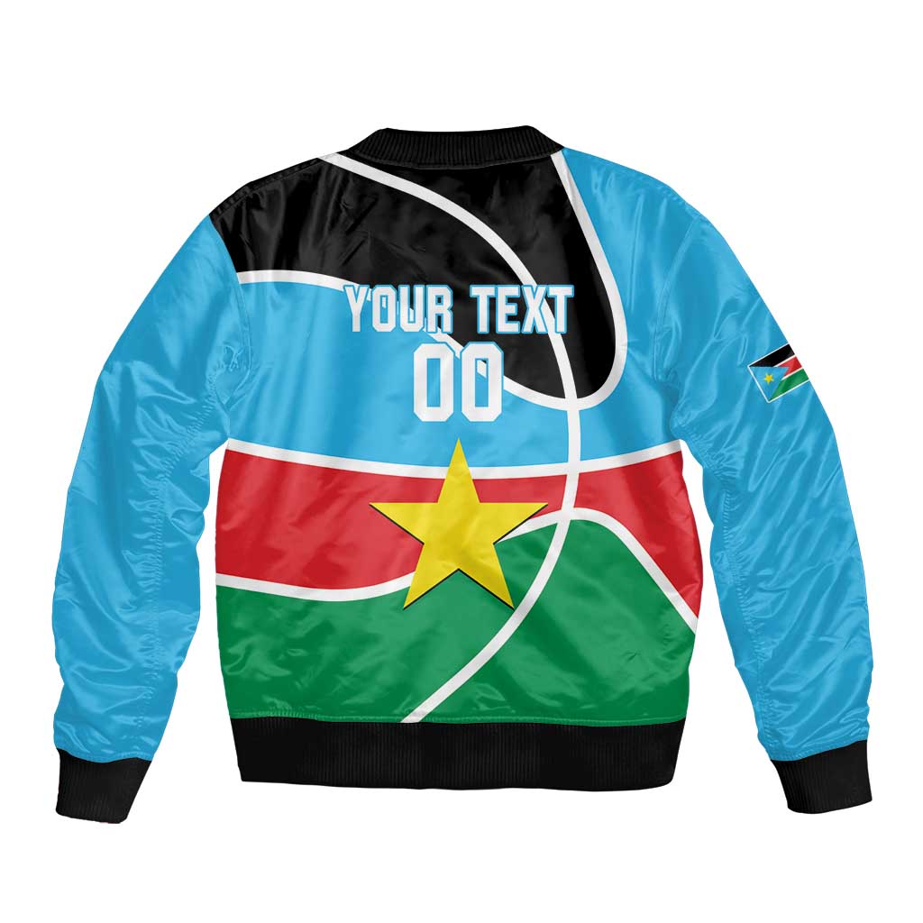Blue and black bomber jacket back view with basketball hoop graphic and flag star