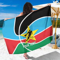 Basketball-themed custom sarong with blue, red, green stripes and black graphic