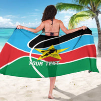 Basketball-themed custom sarong, blue red green tri-color with black curved print