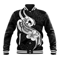 Black baseball jacket with striped ribbed collar and cuffs, featuring white floral tribal graphic