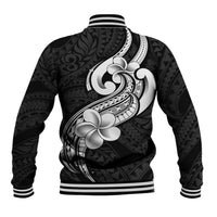 Black baseball jacket back with striped ribbed hem and large white floral tribal artwork