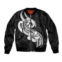 Black bomber jacket with full-zip front and white tribal plumeria pattern