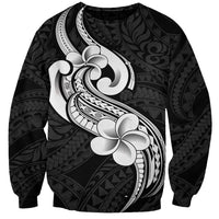 Black crewneck sweatshirt with large white plumeria and tribal swirl graphic