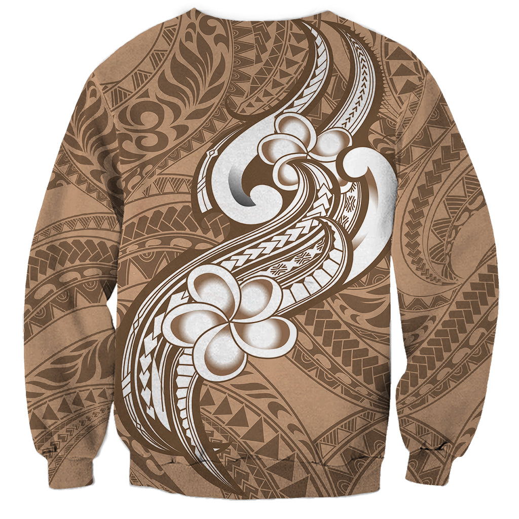 Brown unisex sweatshirt with white plumeria and tribal pattern back view