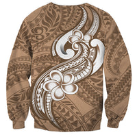 Brown unisex sweatshirt with white plumeria and tribal pattern back view
