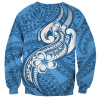 Unisex blue sweatshirt with white floral tribal print, crew neck and ribbed cuffs