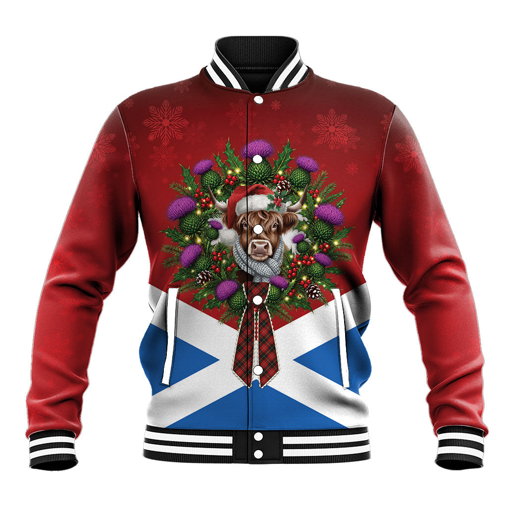Highland Cow Christmas Scotland Baseball Jacket Scottish Thistle Wreath Bow Saltire Flag